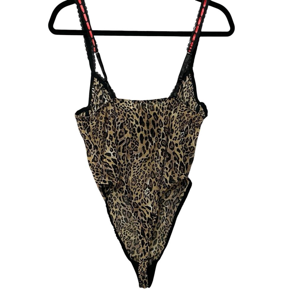 90s VTG Cacique Mesh Leopard Teddy Lingerie 18/20 Sheer Wireless Bow Thong Back - Picture 4 of 5